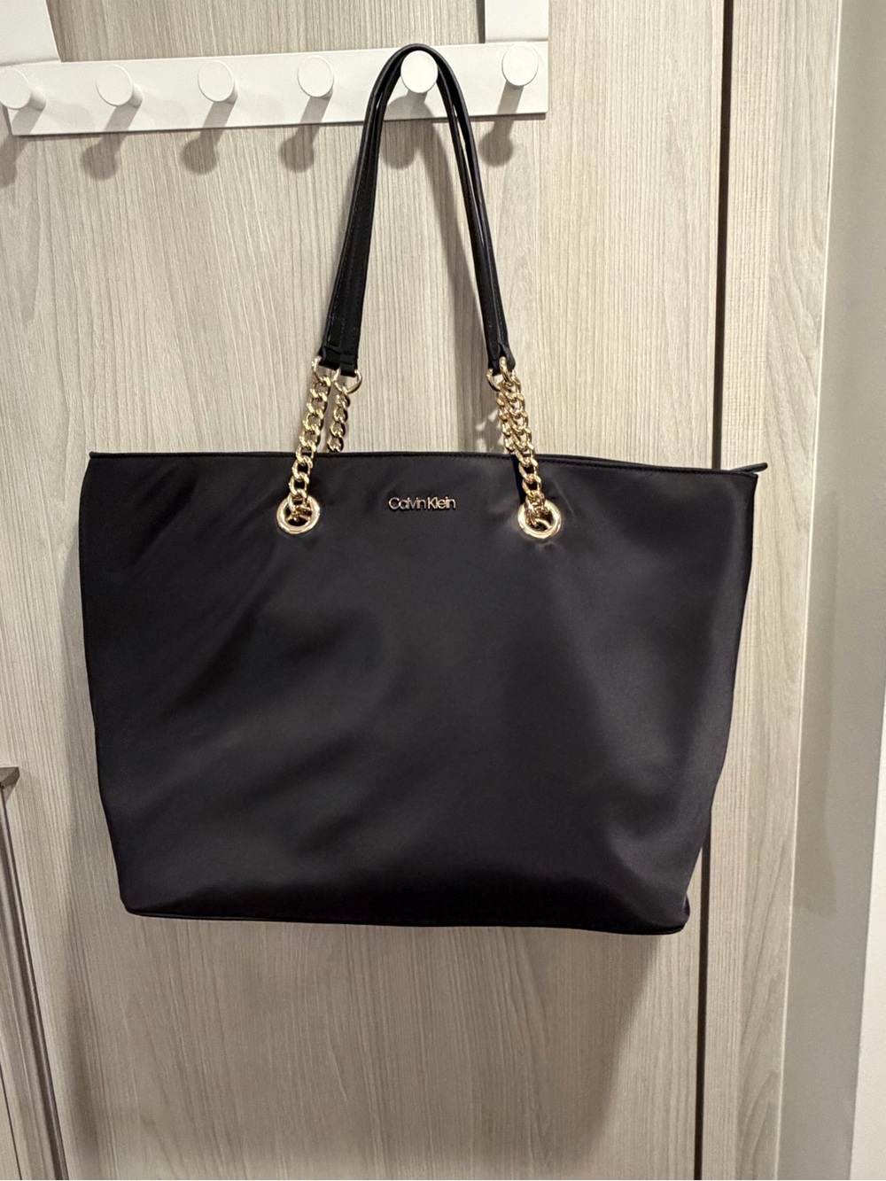 Calvin Klein Large Black Chain-Handle Nylon Tote Bag